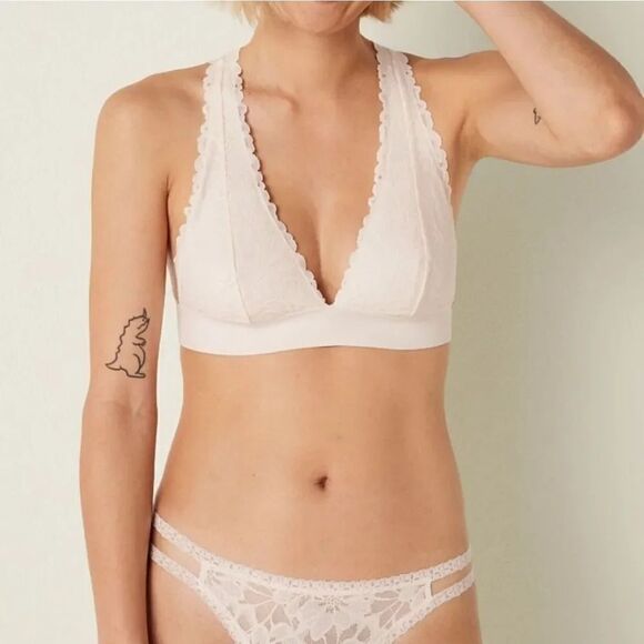 Victoria's Secret Pink Lace T-Strap Logo Bralette in Ivory Size Small - Picture 13 of 14
